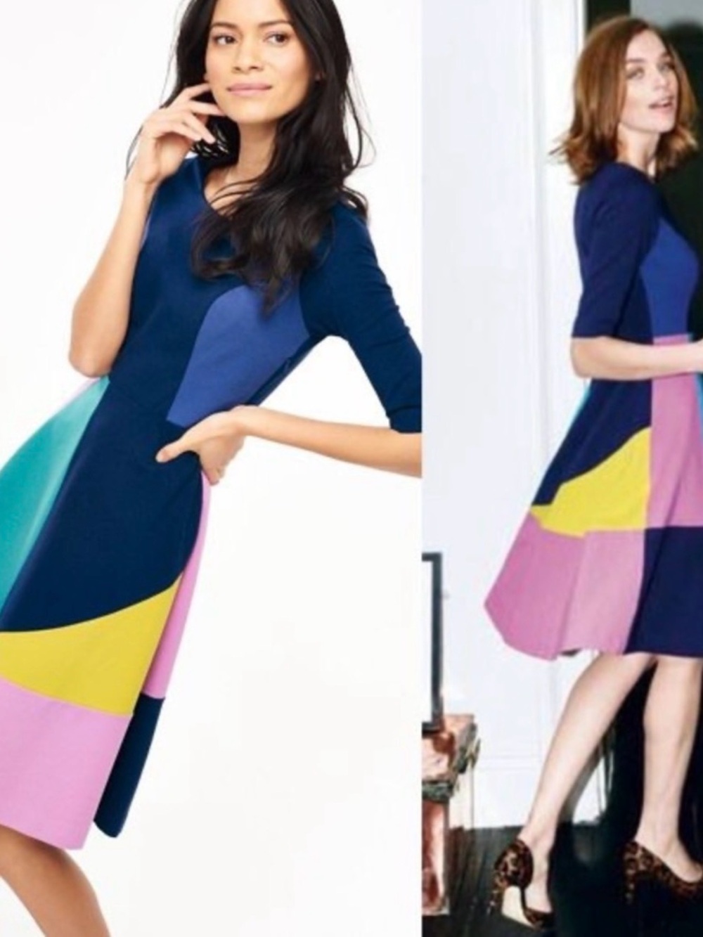 Boden Alice Ponte Colorblock Midi Dress Navy Pink Teal Yellow Size 10 L